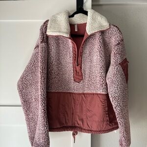 Free People Fleece Top Large Pink Heather Drawstring quarterzip